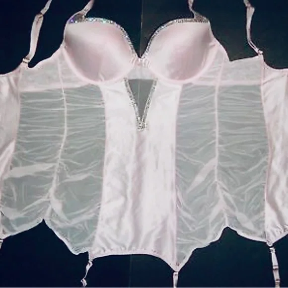 36C 36D  Vs Victoria’s Secret rhinestones/Crystals Pink Satin Corset garter Slip - Picture 5 of 14